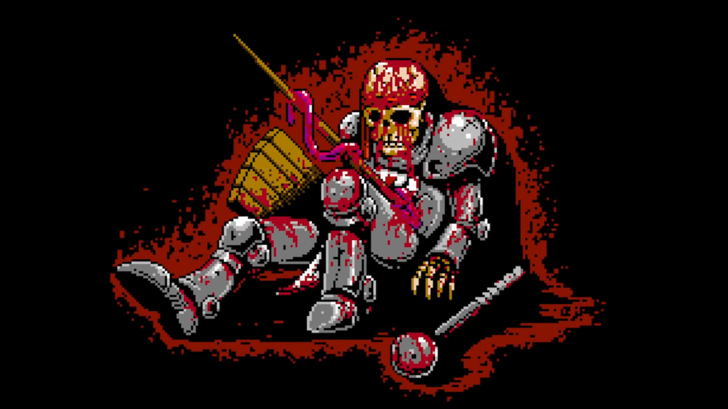 A dead and bloodied Alcedor slumped down, with a spear through his chest and his skin ripped off his face, revealing his skull