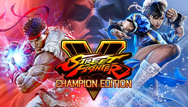 Street Fighter V Champion Edition logo in the middle, with Ryu on the left in red colors and Chun-Li on the right in blue colors.