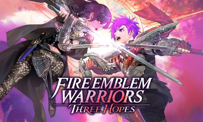 Fire Emblem Warriors: Three Hopes logo with Byleth and Shez battling each other