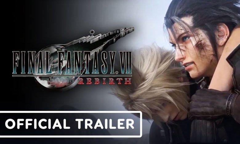 Final Fantasy VII Rebirth logo with Zack carrying Cloud on the right