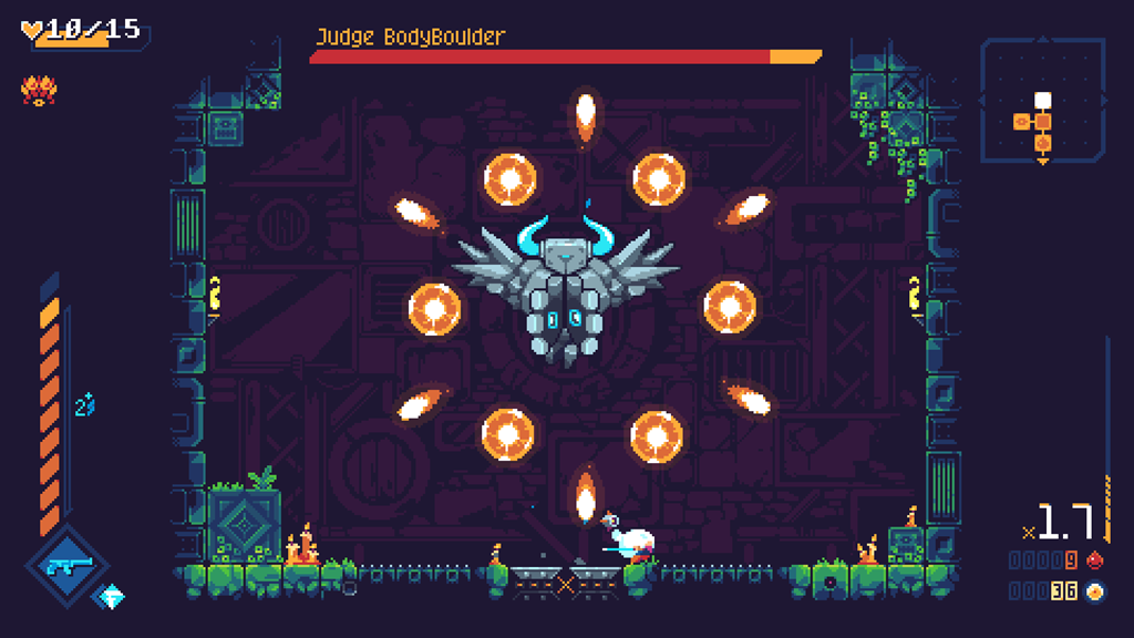 Players face off against gargantuan bosses in ScourgeBringer, known as Judges.