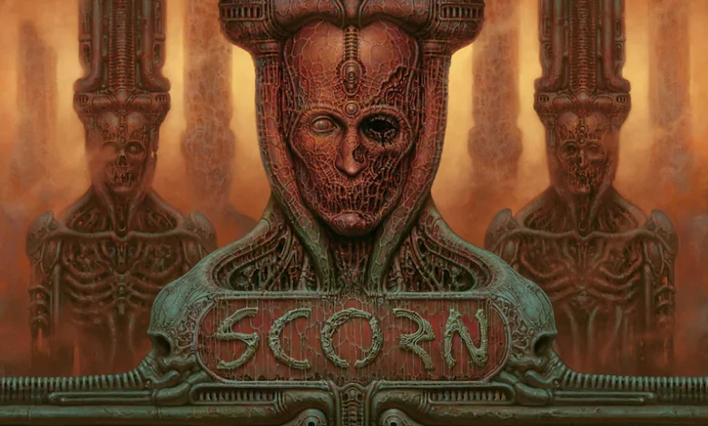 Scorn game banner featuring a decaying human head